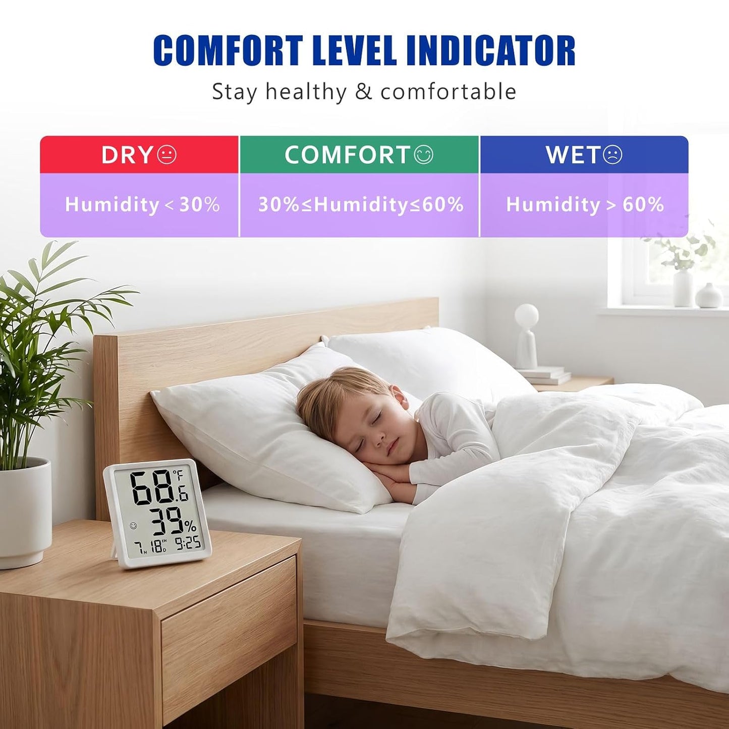 Room Hygrometer Indoor Thermometer for Home, Black | Small Digital Temperature Humidity, Comfort Indicator, Digital Clock & Calendar, Desktop Humidity Meter, Compact Size