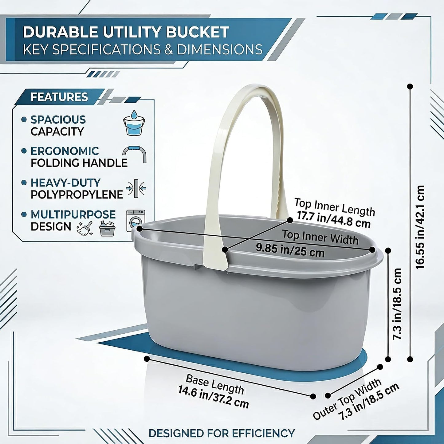Haundry Compact Mop Bucket with Handle, Rectangular Cleaning Bucket and Caddy for Cleaning Supplies, 10L, Grey