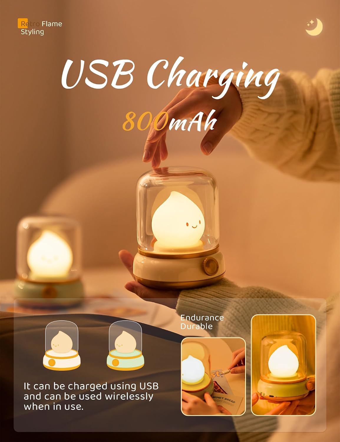 WANIDEA Night Light for Kids, Rechargeable Night Light for Bedroom | Stepless Dimming, Retro Flame, Room Decor, Warm Candlelight, Gifts for Kids, Bedside Lamp With USB-C Charging Cable