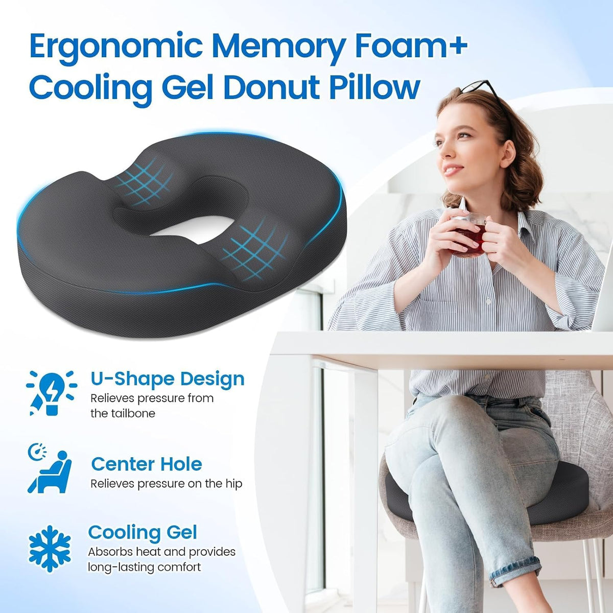 Donut Pillow Seat Cushion, Cooling Gel Memory Foam Chair Cushion, Black