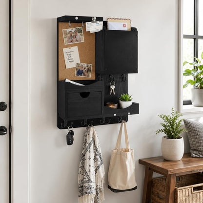 Key Holder for Wall Mount with Shelf and Mail Organizer, Key and Mail Holder with 16 Hooks, Farmhouse Entryway Organizer, Home Decor Rack (Pine Wood, White Washed)