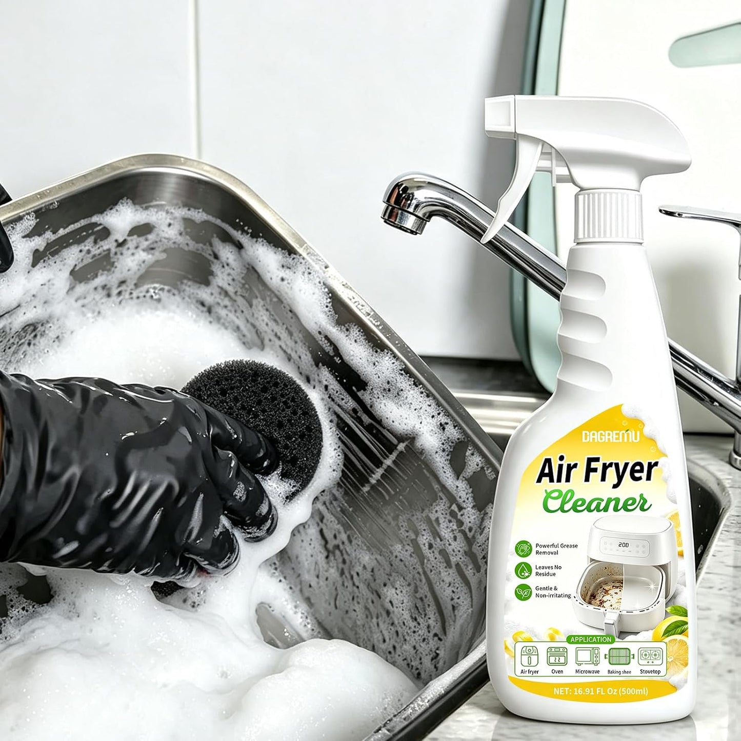 2-in-1 Air Fryer Foaming Cleaner Spray, Lemon Scent, 500ml | Heavy-Duty Degreaser & Grease Remover, Removes Baked-On Food & Oil, Non-Abrasive, Residue-Free