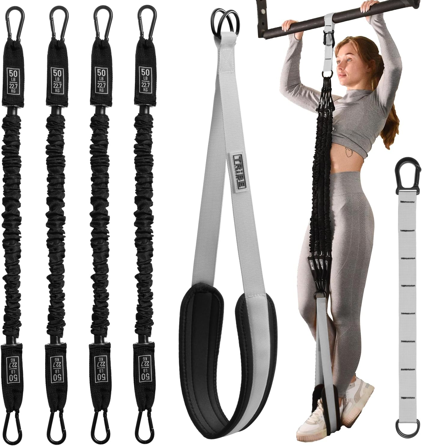 Pull Up Assistance Bands Set with 4 Levels, Adjustable Strap and Foot Rest | 50–200 lb stackable pull-up assistance, nylon-sleeved bands, adjustable support, reduced snap-back risk