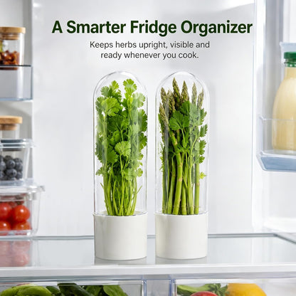 2 Pack Herb Keeper for Refrigerator, Vertical Herb Keeper for Fridge with Scissors, Vegetable Preservation Container for Cilantro, Parsley, Mint&Asparagus, Extends Freshness for 2-3 Weeks