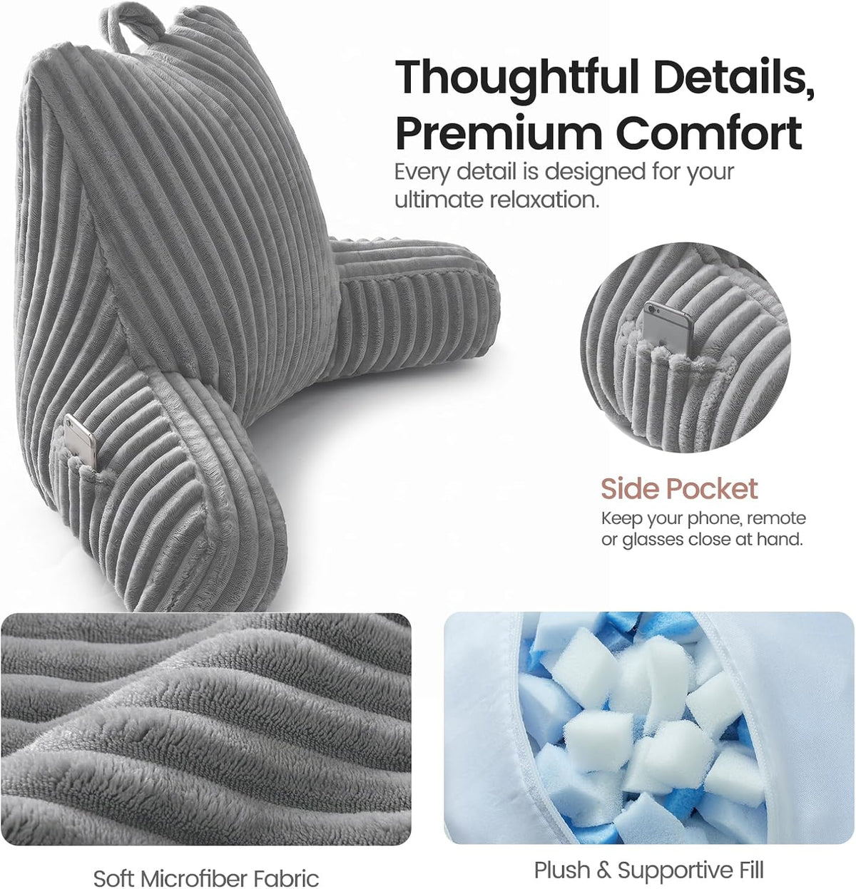 Reading Pillow for Sitting up in Bed, Adjustable Memory Foam Bed Rest Pillow, Wide-wale Plush Cover Machine Washable, Neck Back and Lumbar Support Pillow-Grey