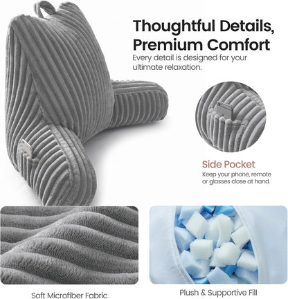Reading Pillow for Sitting up in Bed, Adjustable Memory Foam Bed Rest Pillow, Wide-wale Plush Cover Machine Washable, Neck Back and Lumbar Support Pillow-Grey