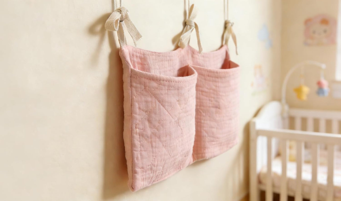 Bedside hanging bag for storing baby milk bottles and blankets - Baby diaper folding bed organizer bag - Brown