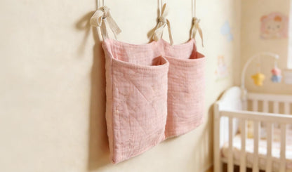 Bedside hanging bag for storing baby milk bottles and blankets - Baby diaper folding bed organizer bag - Brown