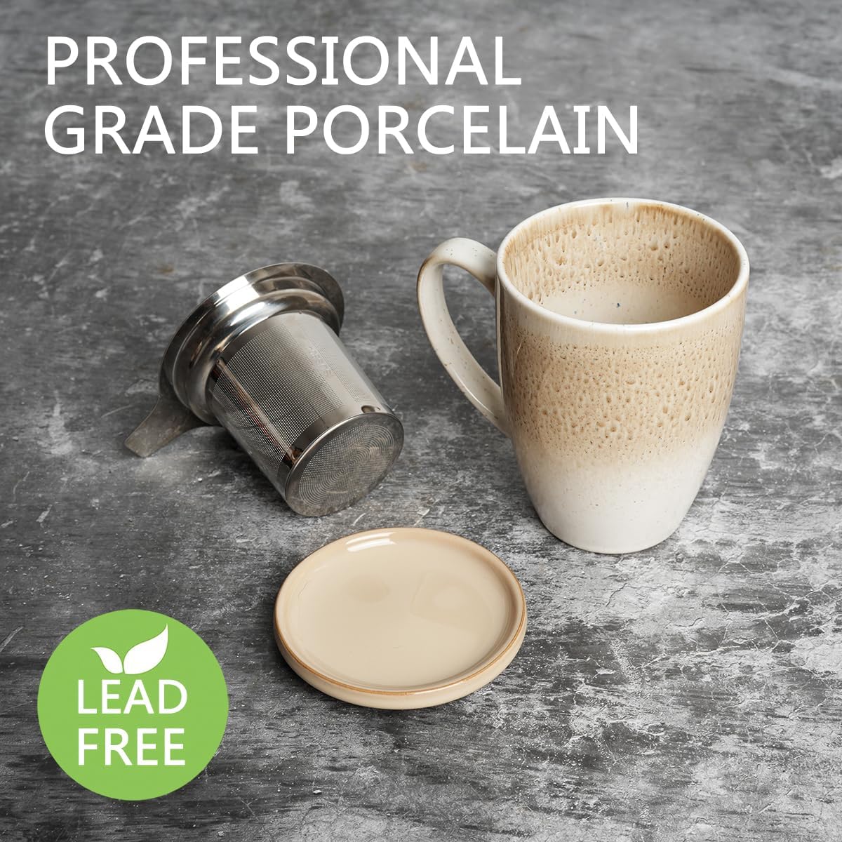 Bosmarlin Ceramic Tea Cup with Infuser and Lid, 13.5 Oz, Loose Leaf Tea Steeper Mug with Strainer, Microwave and Dishwasher Safe, Reactive Glaze (13.5 Oz, Pale Green)