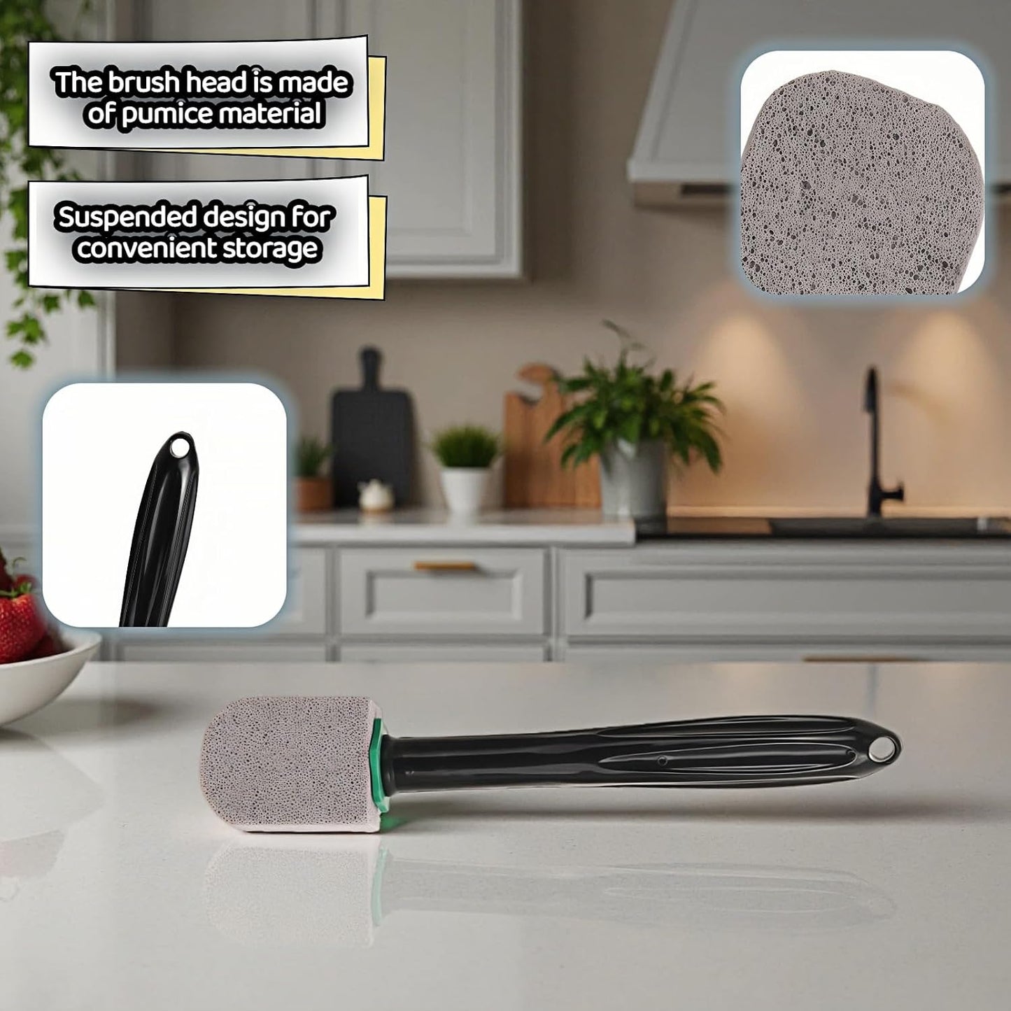 Pumice Toilet Bowl Cleaning Stone with Handle, Replaceable Heads, Natural Pumice Scrubber for Hard Water Stains, Multi-Surface Safe, 9.5 Inch, 3 Refills Included