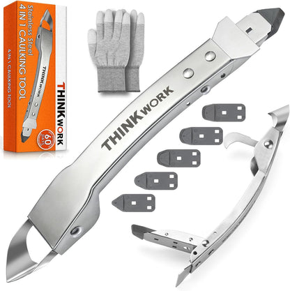 4 in 1 Silicone Caulking Tool Kit, Stainless Steel Caulk Remover Tool | Durable Construction, Quick & Easy to Use, 5 Replaceable Silicone Pads, Protective Gloves, Remove, Apply & Finish Caulk