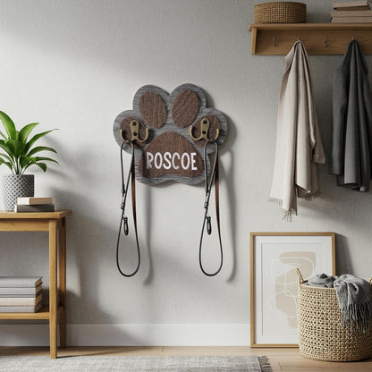 Kathfly Wooden Dog Leash Holder for Wall Paw-Shaped Pet Harness Hanger 52 Letters Leash Hook Hangers Cat Collar Organizer Keychain Towels for Entryway Pet Loss Gifts Keepsake Home Decor (Double Hook)
