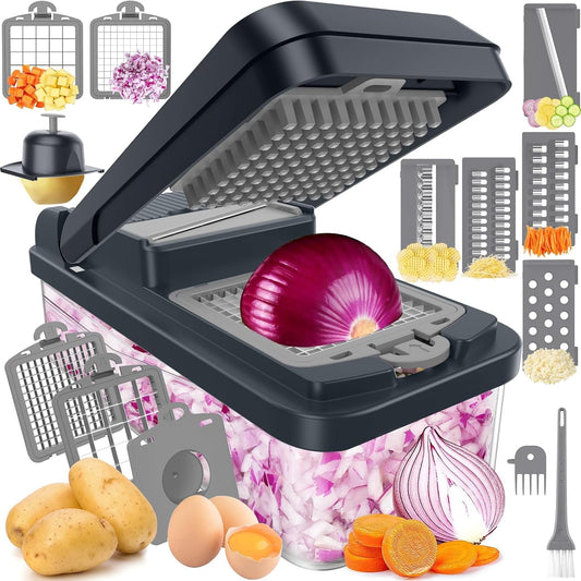 12-in-1 Vegetable Chopper with 7 Blades, Food Veggie Cutter, Purple | Includes Egg Separator, Food Container and Finger Guard, Non-slip Base, for Chopping, Slicing, Shredding, and Mincing
