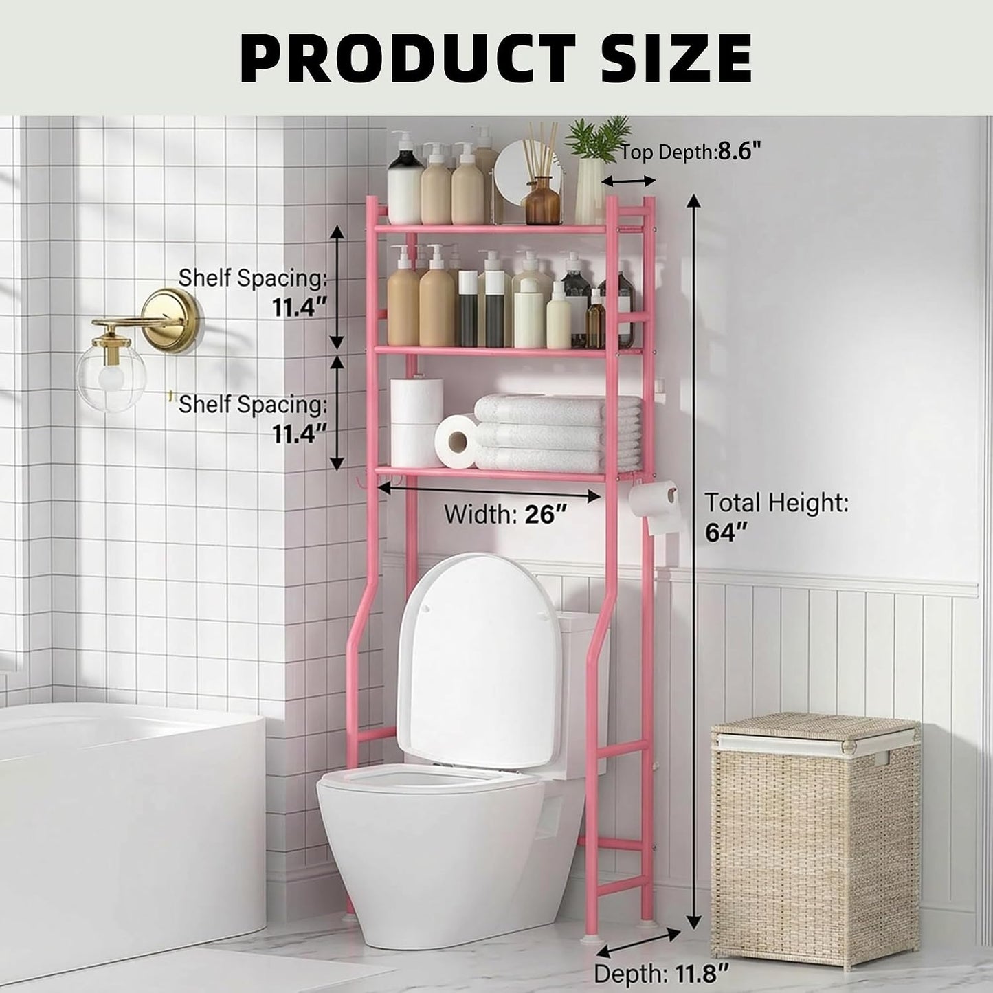 GloTika 3-Tier Over Toilet Storage, Anti-Tilt, 64" H, Black | Anti-Tilt Safety System, 150lb Capacity, Carbon Steel, Freestanding, No Drilling, Anti-Rust Coating, Paper Holder & 4 Hooks