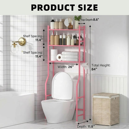 GloTika 3-Tier Over Toilet Storage, Anti-Tilt, 64" H, Black | Anti-Tilt Safety System, 150lb Capacity, Carbon Steel, Freestanding, No Drilling, Anti-Rust Coating, Paper Holder & 4 Hooks