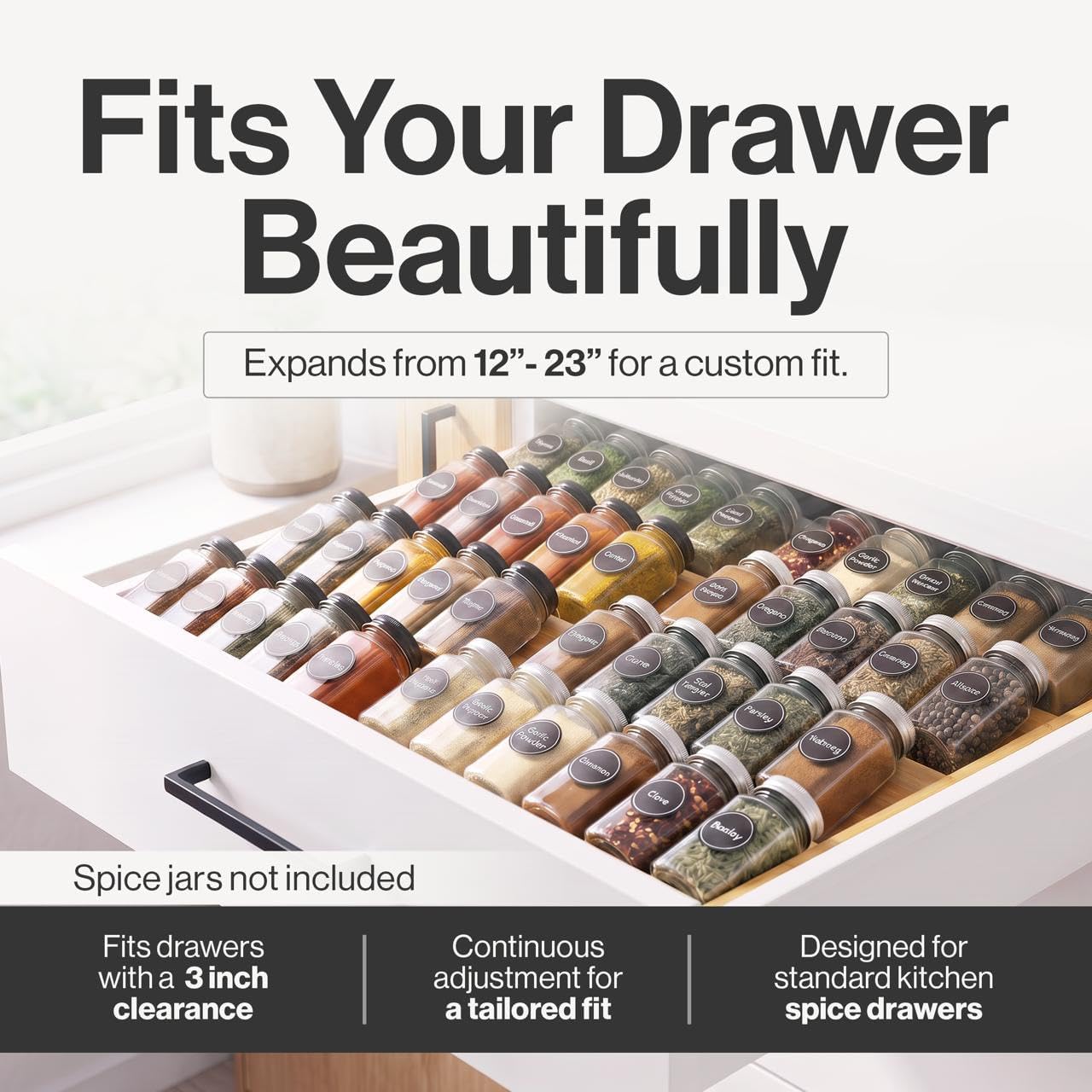 Bamboo Spice Drawer Organizer, Expandable 12 to 23 Inch Insert Holds 48 Jars, 4 Tier Seasoning Rack for Kitchen Drawer or Countertop, Adjustable Wood Spice Organizer