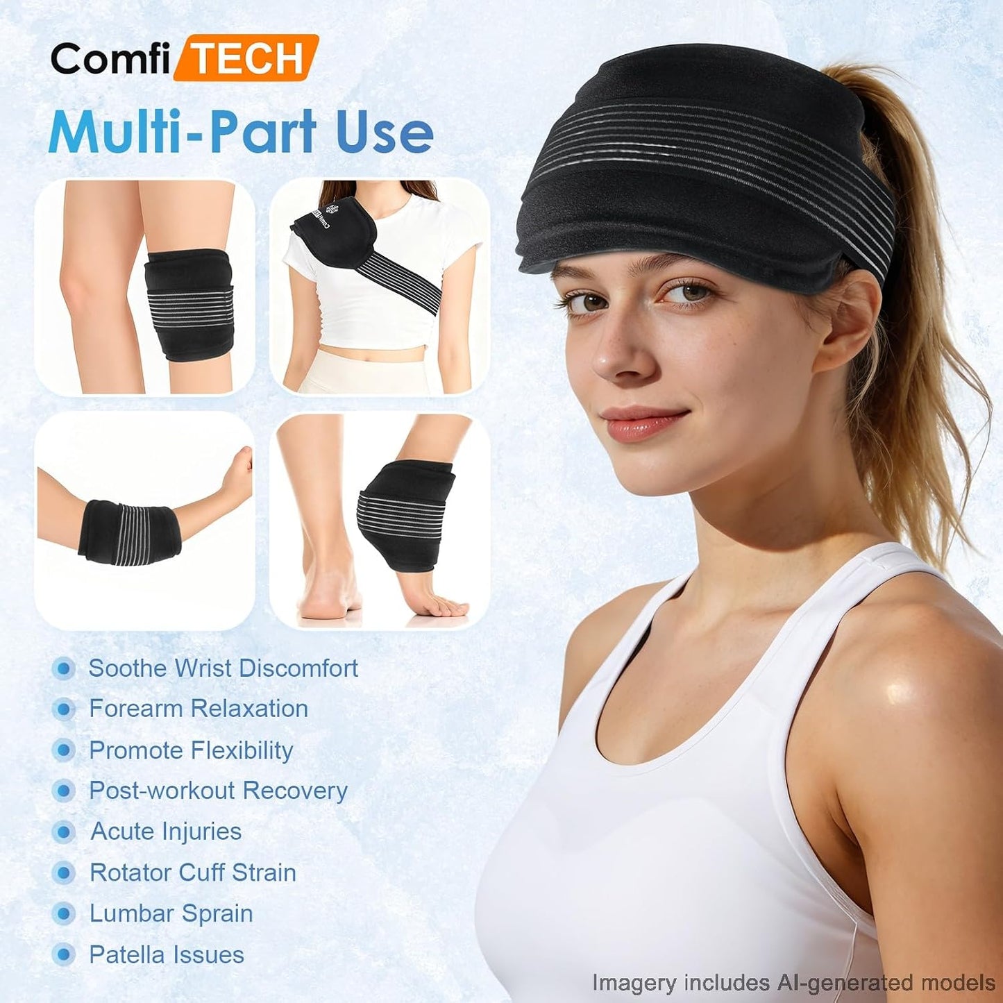 ComfiTECH Triple-Gel Soft Ice Packs with Extended 30-Min Cooling, 10"×5" | Flexible Ice Wraps with Adjustable Strap for Joint, Reusable Packs for Muscle Recovery on Knee, Back, Shoulder, Arm, Neck