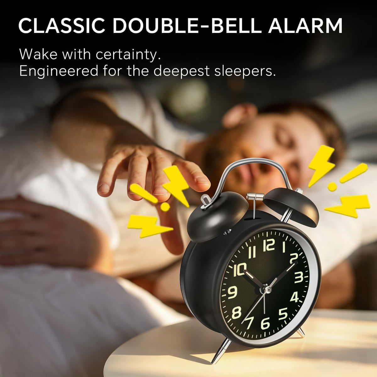 4.5" Metal Loud Alarm Clock for Heavy Sleepers Adults, Analog Battery Operated Alarm Clock with Bells Glow in Dark Numbers, Silent Old School Bedside Desk Clock for Bedroom Office Kids, Black