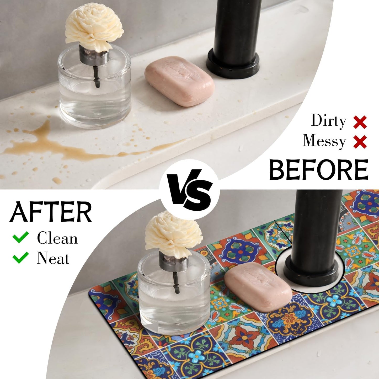 Light Brown White Checkered Kitchen Sink Splash Guard Faucet Mat,Faucet Non-Slip Absorbent Mat,Farmhouse Sink Splash Guard Behind Faucet for Kitchen Bathroom, 15"x5.5"