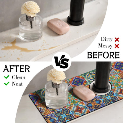 Light Brown White Checkered Kitchen Sink Splash Guard Faucet Mat,Faucet Non-Slip Absorbent Mat,Farmhouse Sink Splash Guard Behind Faucet for Kitchen Bathroom, 15"x5.5"