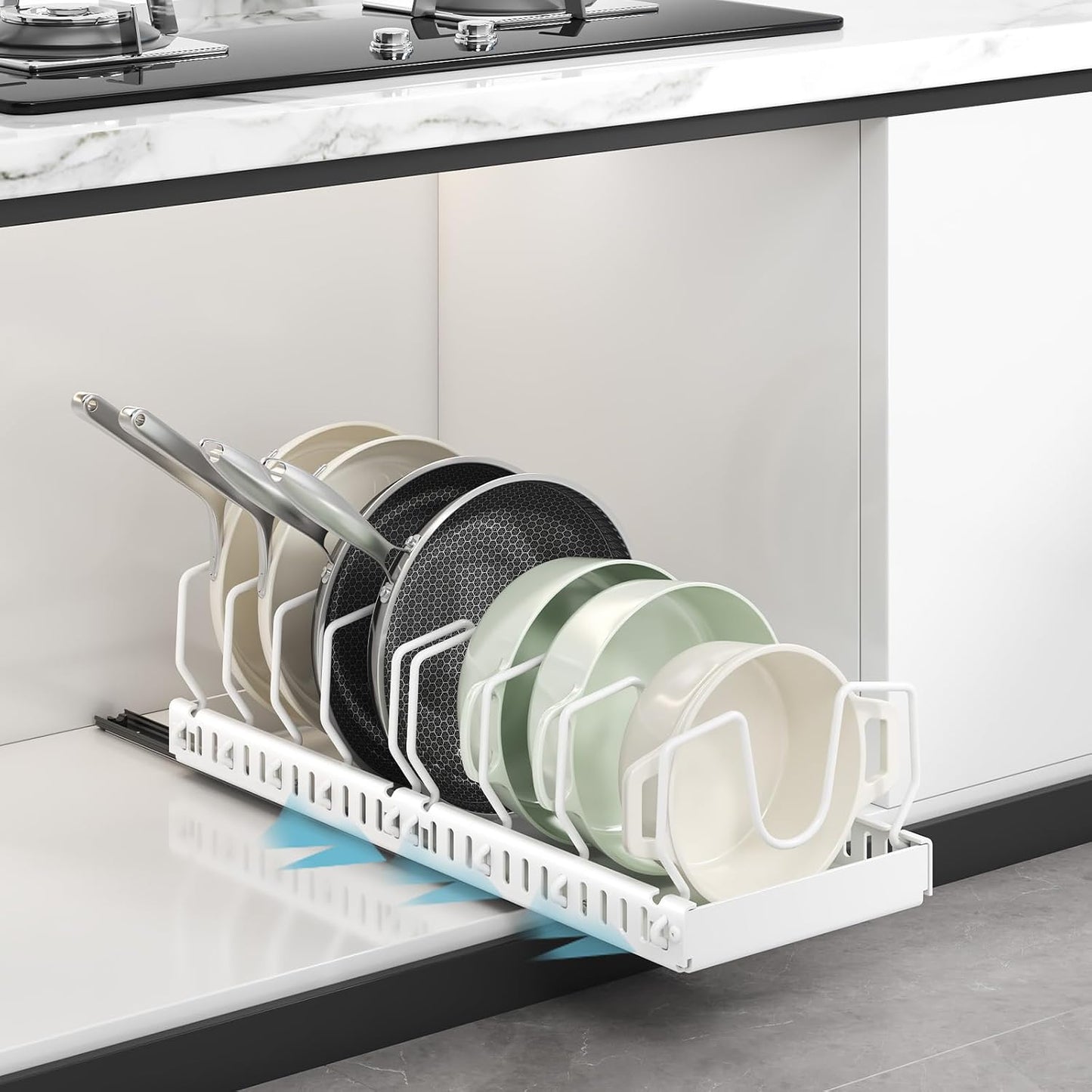 Black 2 Pack Pot Lid Organizer, Pull Out Cabinet Rack, 16 Dividers | 2-pack black carbon steel rack, 16 adjustable dividers, quiet slide rails, adhesive or screw mount for lids, pans, bakeware