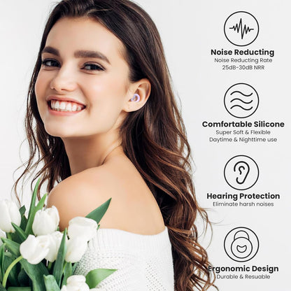 JUSTRVN Earplugs for Sleeping,Noise Reduction Soft Silicone Ear plugs with 7 Pairs Ear tips&One Connection Cord,Hearing Protection Reusable Earplugs for Sleeping,Concert,Work&Sound Reduction 25dB-30db