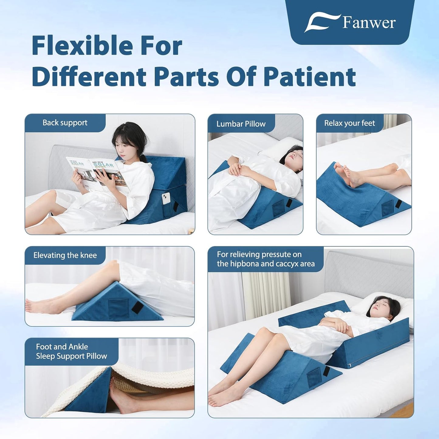 Fanwer Positioning Wedge Pillow for Side Sleeping (3 in 1), 40 Degree Triangle Bed Wedges & Body Positioners for Back Pain, Preventing Bedsores, After Surgery, Knees Elevated, Pregnancy