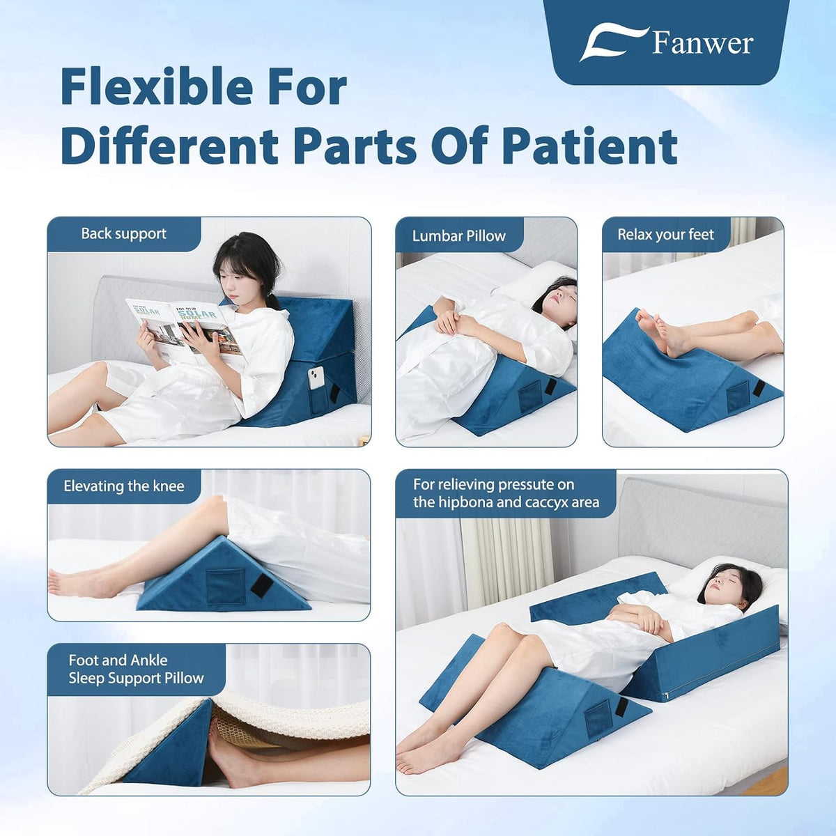 Fanwer Positioning Wedge Pillow for Side Sleeping (3 in 1), 40 Degree Triangle Bed Wedges & Body Positioners for Back Pain, Preventing Bedsores, After Surgery, Knees Elevated, Pregnancy