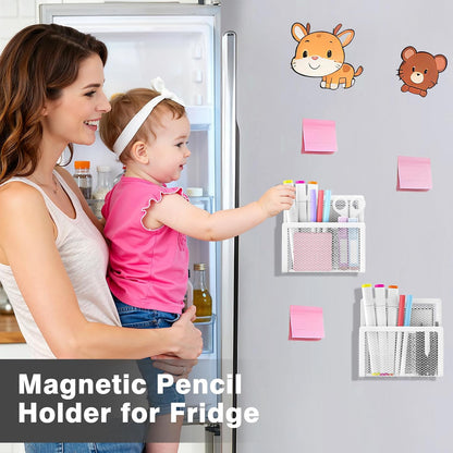 MoKo Magnetic Pen Holder, 2-Pack Mesh Organizer, Black | Magnetic marker holder has two compartments and an iron mesh body for refrigerators, whiteboards and cabinets.