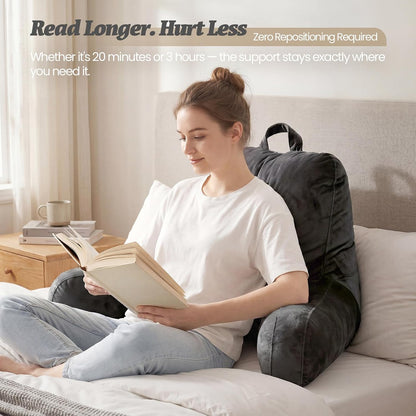ACH Reading Pillow with Arms for Adults - Adjustable Memory Foam Bed Rest Pillow, Lumbar & Neck Back Support, Soft Velvet Cover Machine Washable, Deep Side Pocket & Carry Handle, Grey