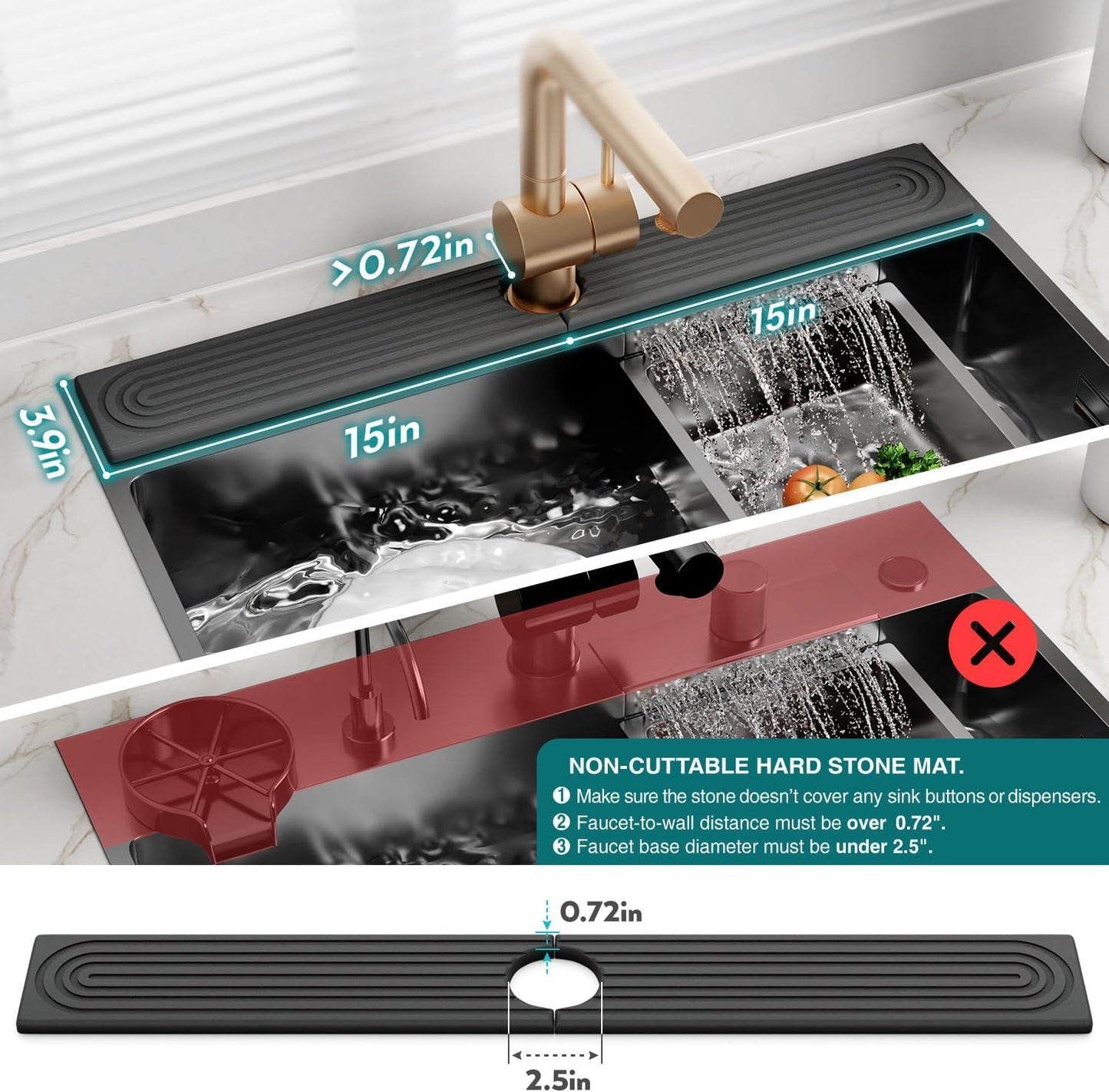 Stone Faucet Mat for Kitchen Sink – Diatomite Drying Stone Mat & Sink Protector, Prevents Moisture – Sink Splash Guard Water-Absorbing Stone Tray for Bathroom Counter (Light Grey, 20" x 3.9")