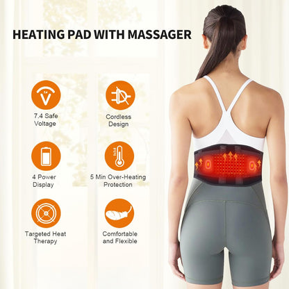 CUEHEAT Heated Waist Belt with Massage - Cordless Lower Back Heating Pad | 3 Heat Settings, 3 Vibration Modes, 7.AV Rechargeable Battery, Adjustable Fit for Wearable Lower Back Warmth