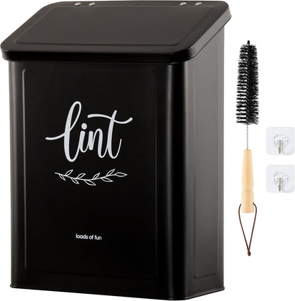 Perfnique Magnetic Lint Bin for Laundry Room with Lint Brush, Wall Mounted Lint Holder Trash can with lid for Dryer, Modern Farmhouse Rustic Metal Laundry Room Storage Organization and Decor(White)
