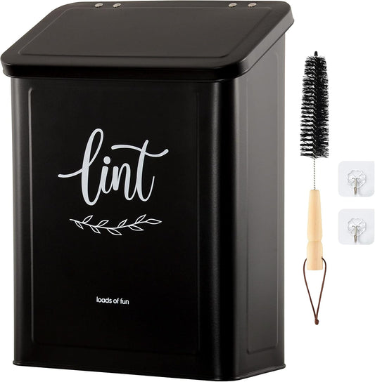 Perfnique Magnetic Lint Bin for Laundry Room with Lint Brush, Wall Mounted Lint Holder Trash can with lid for Dryer, Modern Farmhouse Rustic Metal Laundry Room Storage Organization and Decor(White)