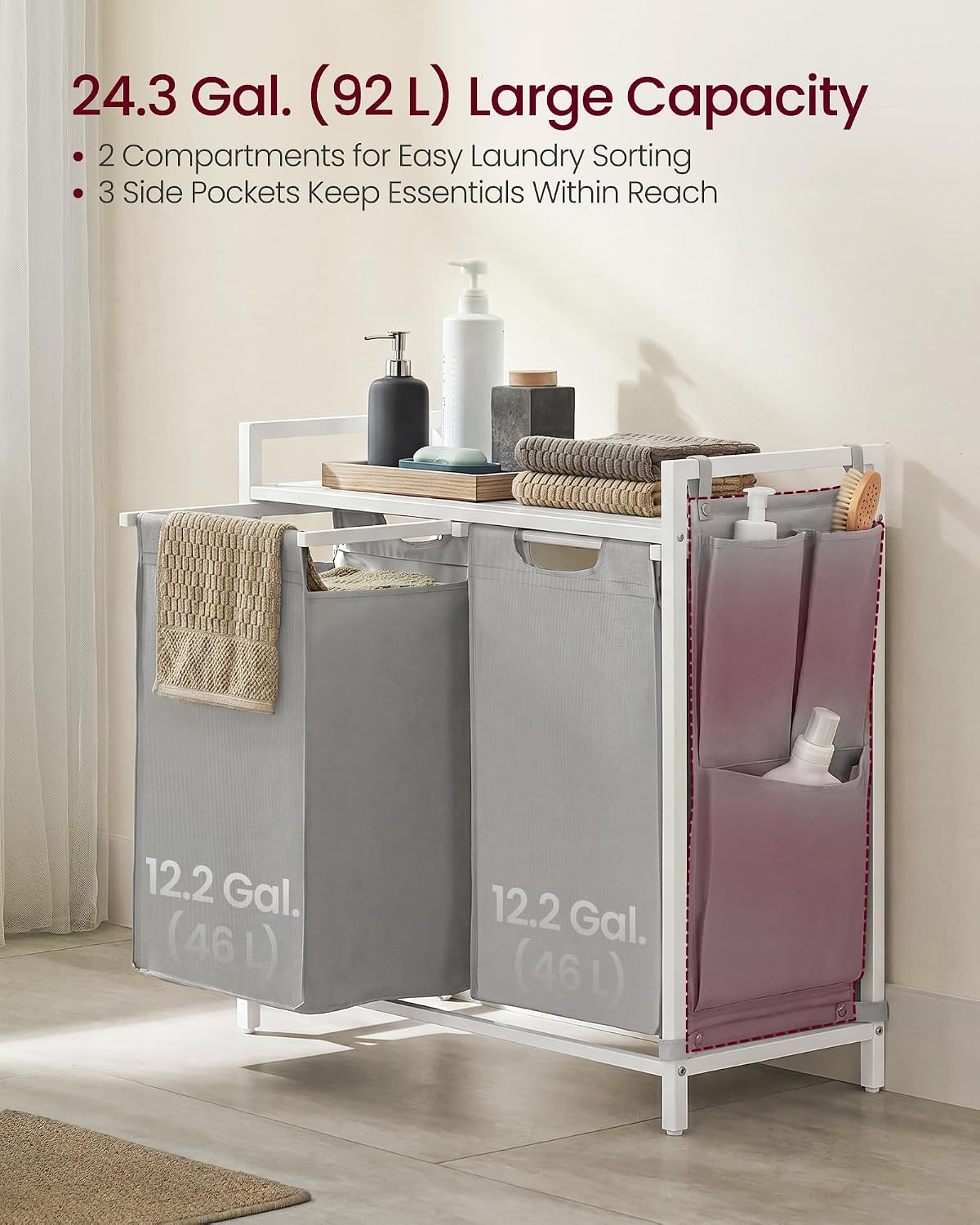 VASAGLE Laundry Hamper, Laundry Basket Sorter with 3 Pull-Out and Removable Bags, Shelf, Metal Frame, 3 x 10.6 Gallons (40 L), 36.4 x 13 x 28.4 Inches, Cappuccino Beige and Natural Beige UBLH301LH01
