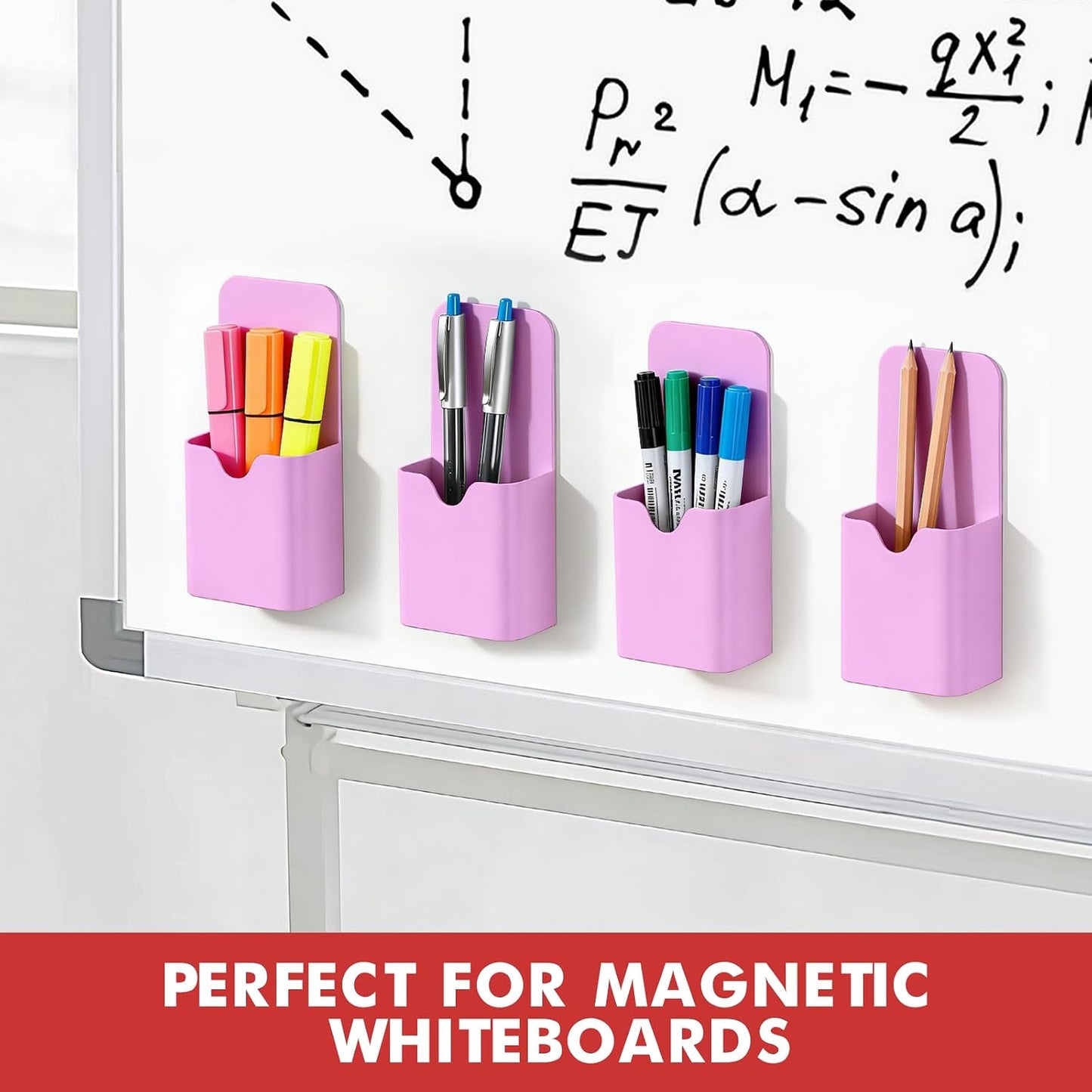 BEYGORM Magnetic Pen Holder for Refrigerator, Pencil Cup Organizer (Black) | Upgraded 1.5mm thick magnetic backing for whiteboards, lockers & fridge; 4 Pcs dry erase marker holder for classroom & office