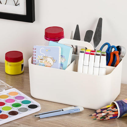 Multiuse Caddy Organizer with Handle, Portable Divided Plastic Tote Bin - Art Craft, Stationary Pen Marker Crayons, Makeup Hair Supplies Storage - Bathroom, Classroom, Dorm, Office, Desk Holder - Grey