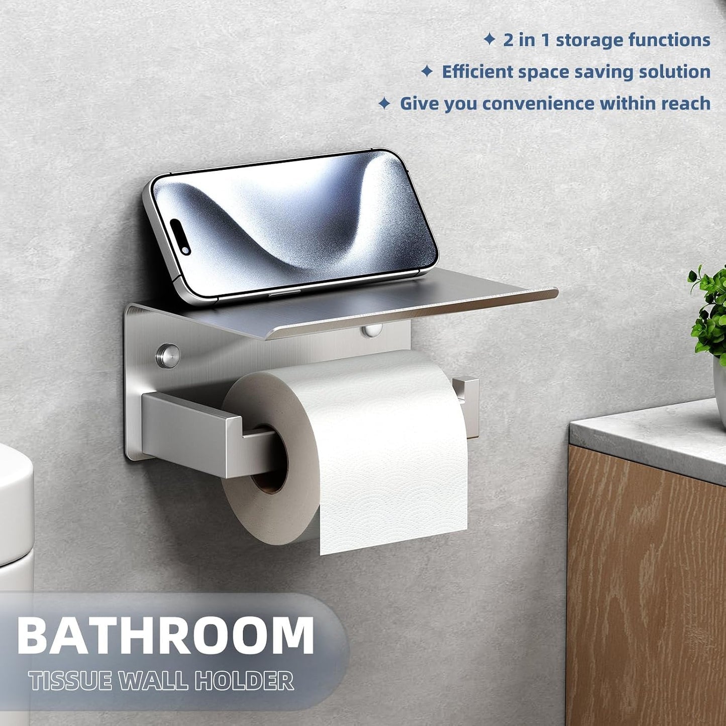 APLusee Matte Black Toilet Paper Holder with Storage Shelf, Wall Mounted | Rustproof 304 Stainless Steel, 2-in-1 Functional Toilet Paper and Phone Storage, Fits Bathroom, Restroom, Vanity, Kitchen