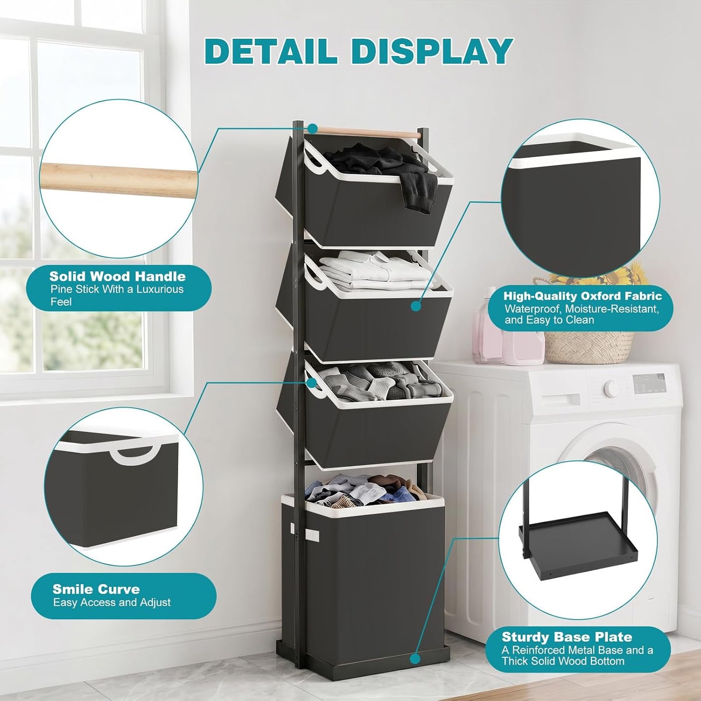 BAOKALER 4-Tier Laundry Hamper Sorter, Vertical Laundry Baskets with Wheel | Rolling Stackable Laundry Cart Removable, Organizer and Storage for Small Space, Dorm, Closet, Bathroom
