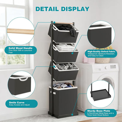 BAOKALER 4-Tier Laundry Hamper Sorter, Vertical Laundry Baskets with Wheel | Rolling Stackable Laundry Cart Removable, Organizer and Storage for Small Space, Dorm, Closet, Bathroom