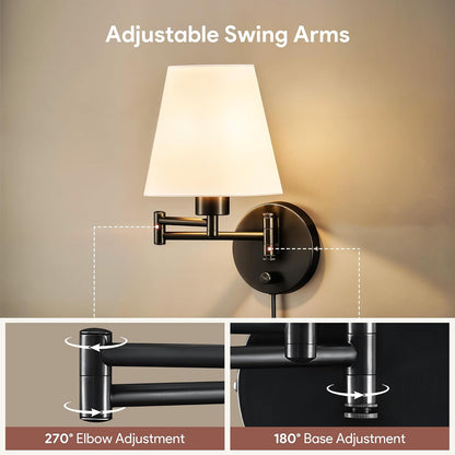 VONLUCE Wall Lamp, Plug in & Swing Arm Wall Sconce, Nickel Finish | Modern Wall Lights with White Fabric Shades, Plug in & Hardwired Wall Mounted Light for Bedside, Living Room, Hallway