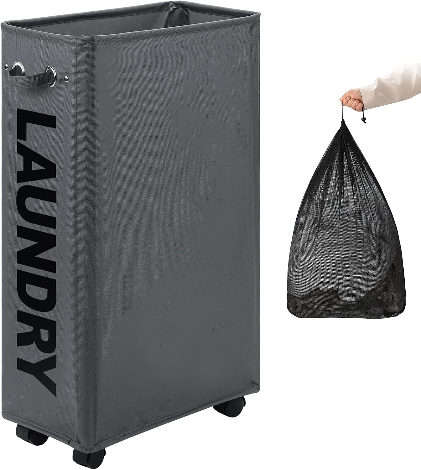 DOKEHOM 25" Slim Rolling Laundry Basket Hamper, Narrow on Wheels, Grey | Collapsible narrow laundry hamper with mesh drawstring closure. Foldable corner clothes storage bin for small spaces