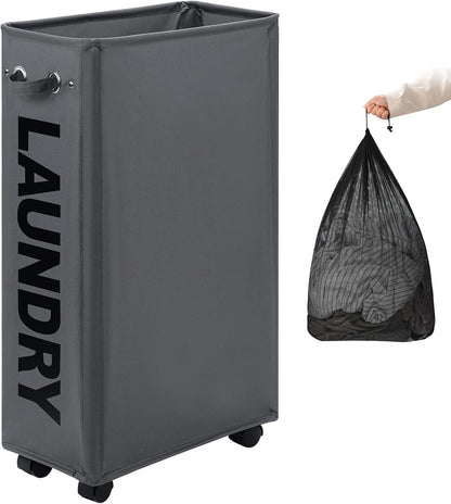 DOKEHOM 25" Slim Rolling Laundry Basket Hamper, Narrow on Wheels, Grey | Collapsible narrow laundry hamper with mesh drawstring closure. Foldable corner clothes storage bin for small spaces