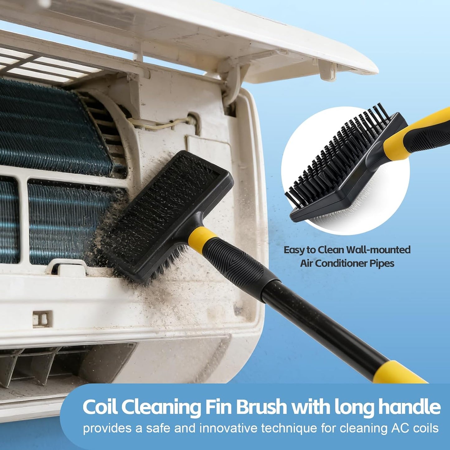 HVAC Coil Cleaning Brush with Long Handle, Double-Sided AC Evaporator & Condenser Coil Cleaner Brush, Carpet Pet Hair Remover for Vents, Ducts, Furniture