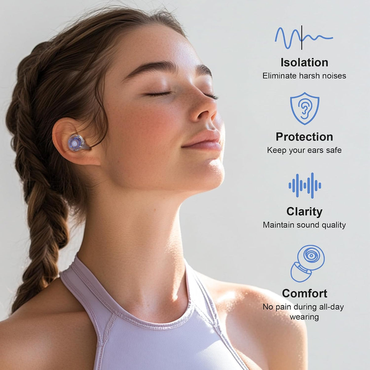 Yawsoy Purple Silicone In-Ear Ear Plugs, 2 Pack High Fidelity Ear Plugs for Concerts, Raves, Work, Musicians, 5 Pair Ear Tips in S/M/L, 18-25 dB Noise Cancelling