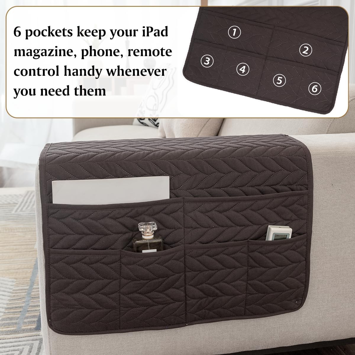 Remote Control Holder for Recliner, Sofa Armrest Organizer with Non-Slip Base, Tv Remote Holder Couch Caddy Armchair Caddy Bedside Organizer with 6 Pockets for Magazine, Tablet, Phone (Beige)