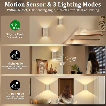 Eneru Motion Sensor Wall Sconce, Rechargeable Wireless Lights Indoor 2 Pack | 5000mAh battery powered, remote 3CCT dimmable, cordless magnetic mount, motion night light for hallway closet bathroom stair