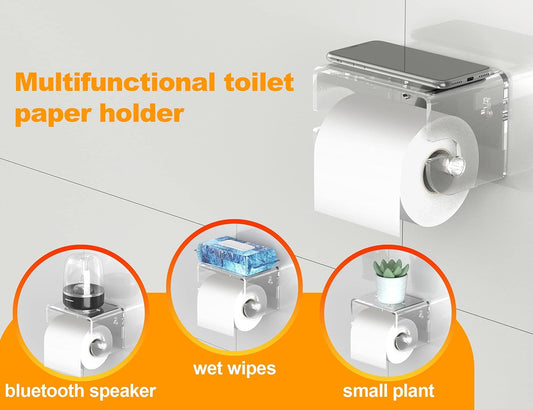 Adhesive Toilet Paper Holder with Shelf, Bathroom Toilet Paper Roll Stand, Wall Mounted Tissue Storage Holder, Acrylic Bathroom Accessories, with 3M Self Adhesive No Drilling (Clear)