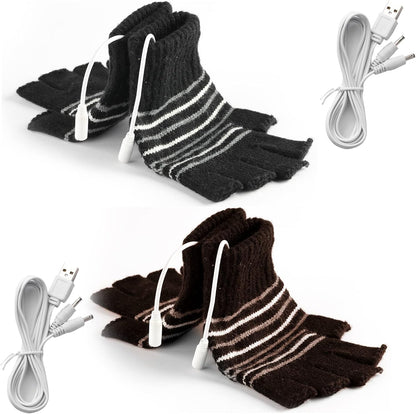 2 Pairs USB Heated Gloves for Men and Women, USB 2.0 Powered Stripes Heating Pattern Knitting Wool Design Winter Gift