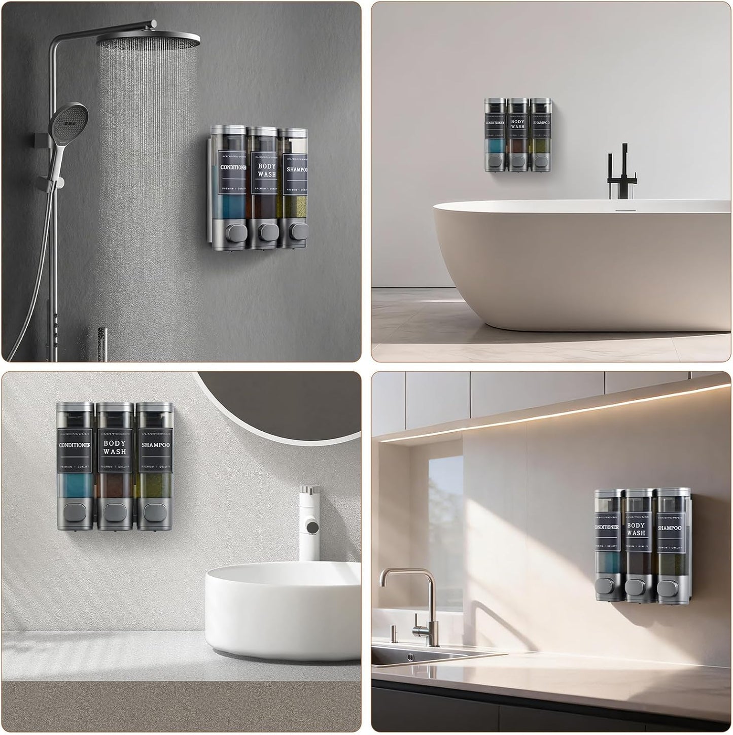 Shampoo and Conditioner Dispenser,Shower Soap Dispenser 3 Chamber No Drill Wall-Mounted Shampoo Dispenser for Shower Wall Mounted Shower Dispenser for Bathroom Hotel Large Capacity, Clear Bright
